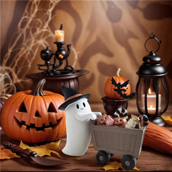 Spooky Resin Ghost Figurines with Candy Cart for Halloween Tabletop Mantel - Picture 5 of 7